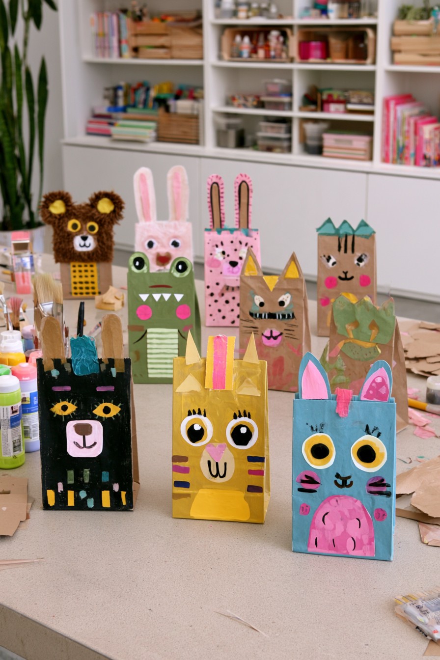 Upright paper bags with fixed animal faces, tall ears and colorful front decorations