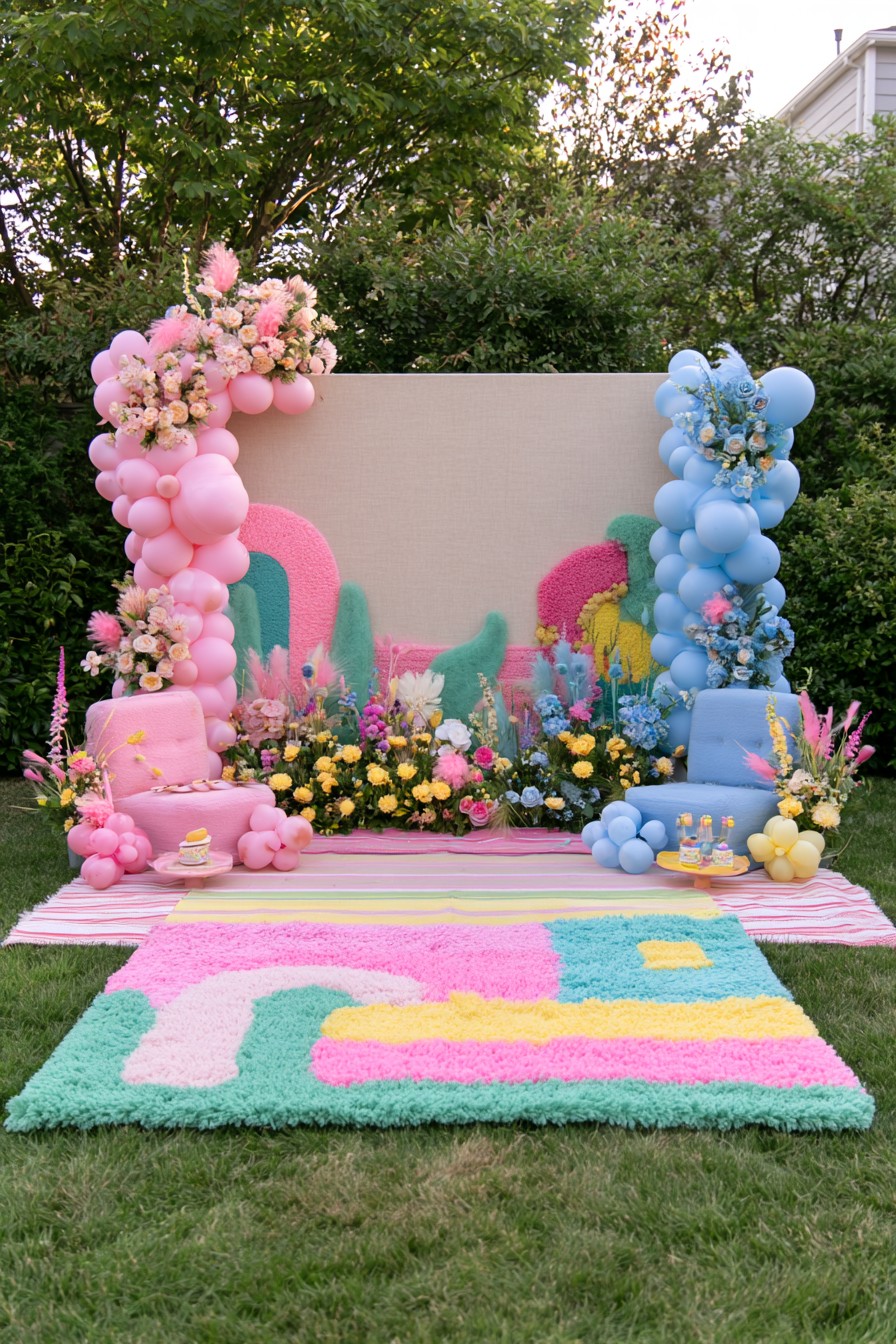 Floral gender reveal lounge with pink blue chairs colorful balloons rugs and flowers