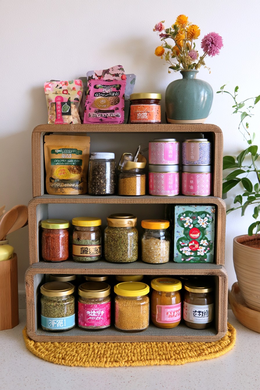 Tiered wooden spice rack with open shelf compartments