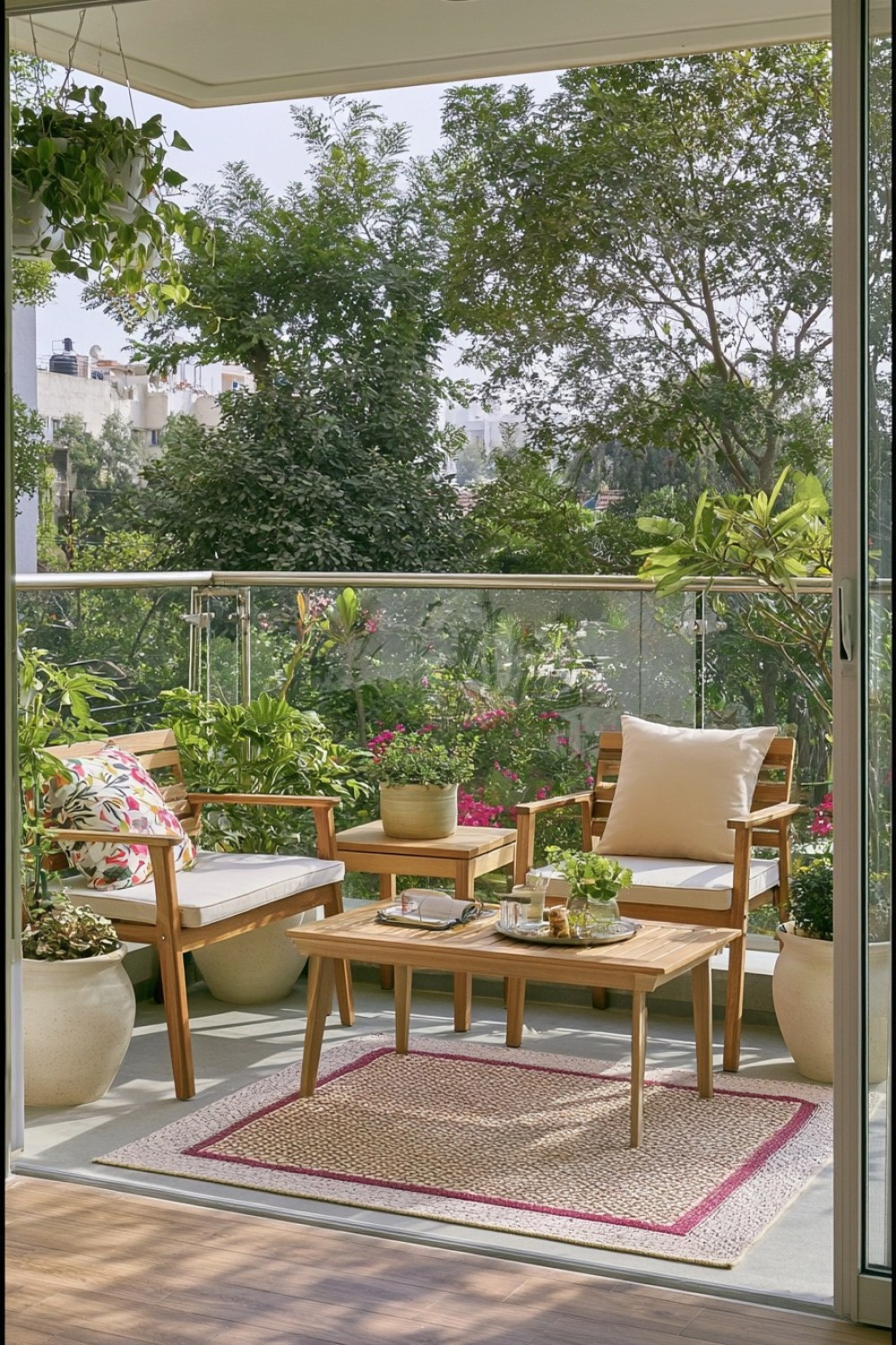 Calm Japandi balcony with simple furniture and controlled greenery