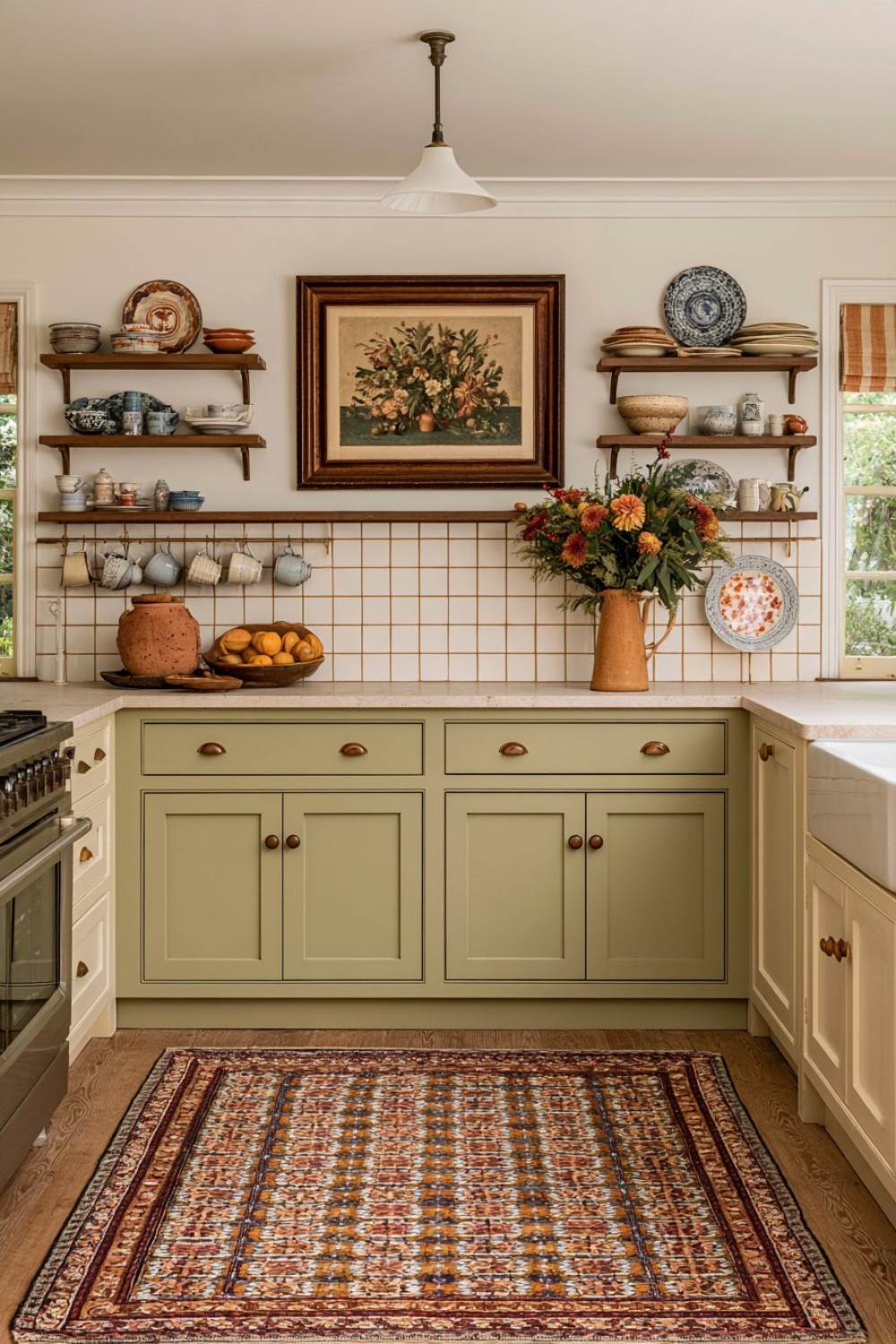 Honed stone countertop paired with painted cottage kitchen cabinets