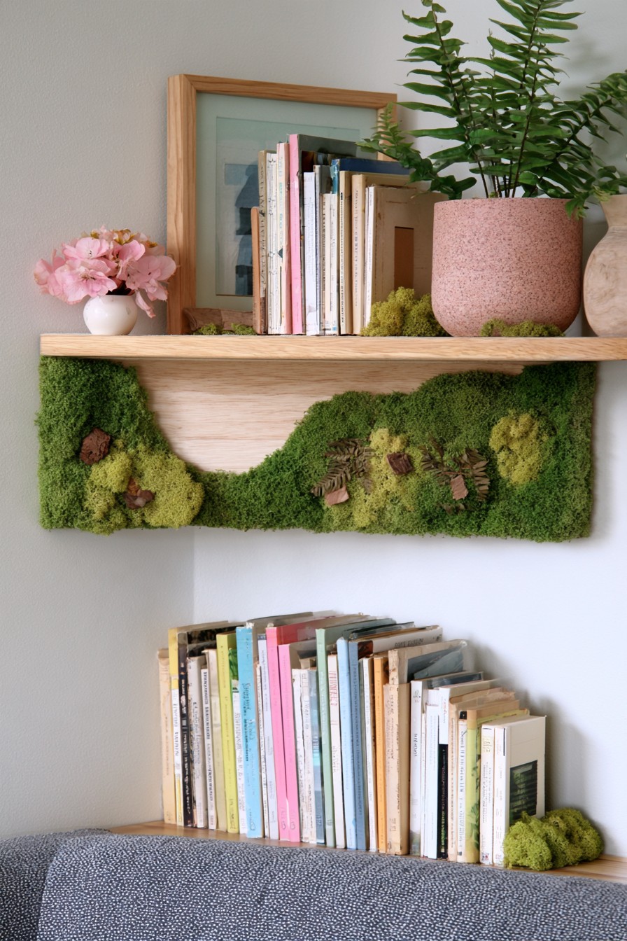 Preserved moss wall accent beneath a wooden shelf