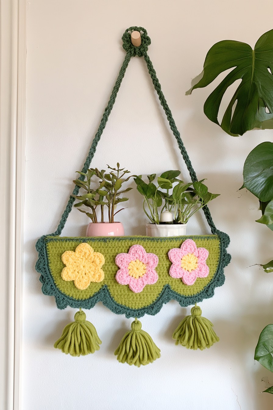 Olive green hanging plant shelf decorated with crochet details