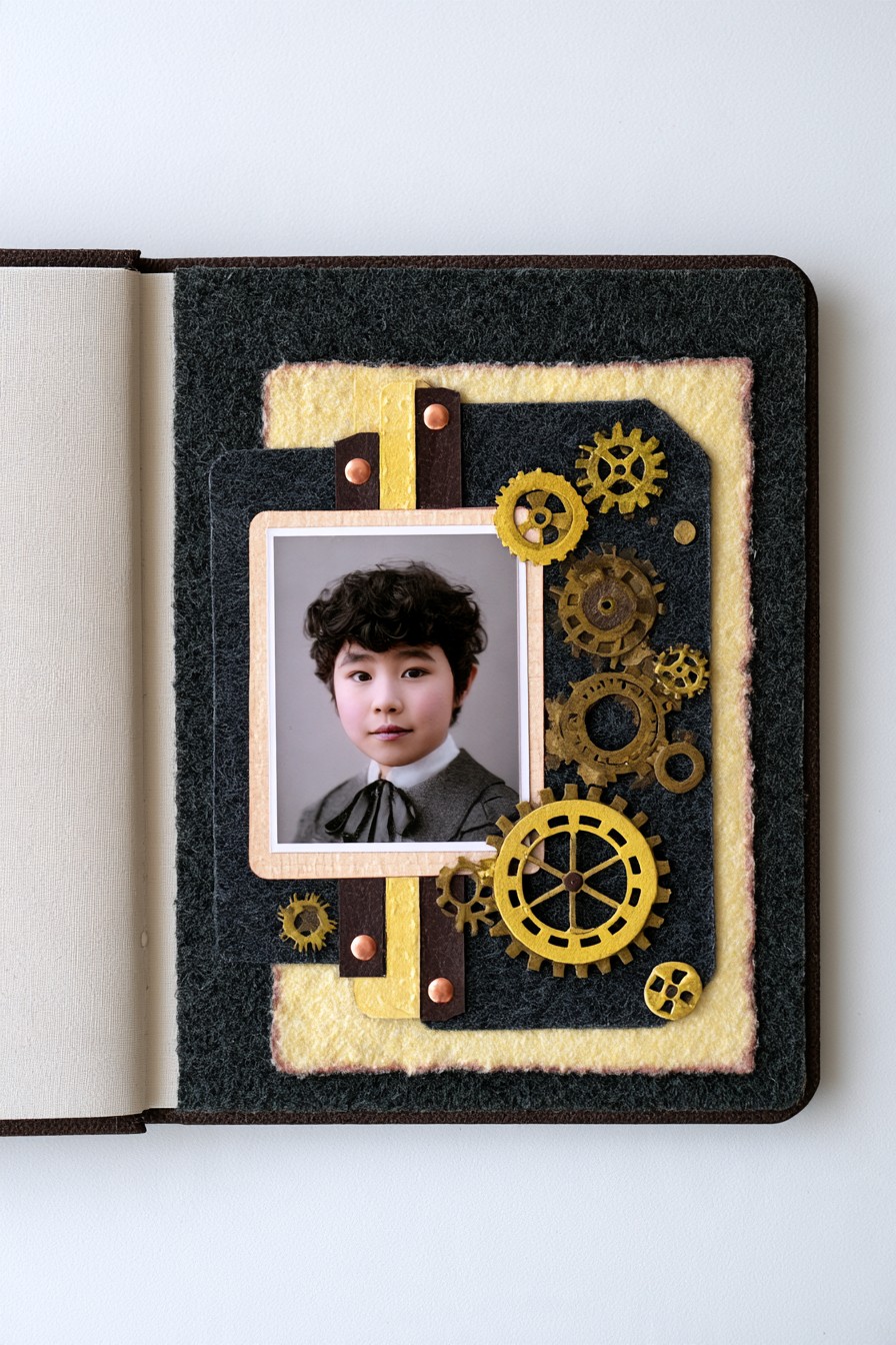 Vintage gear portrait with layered felt details
