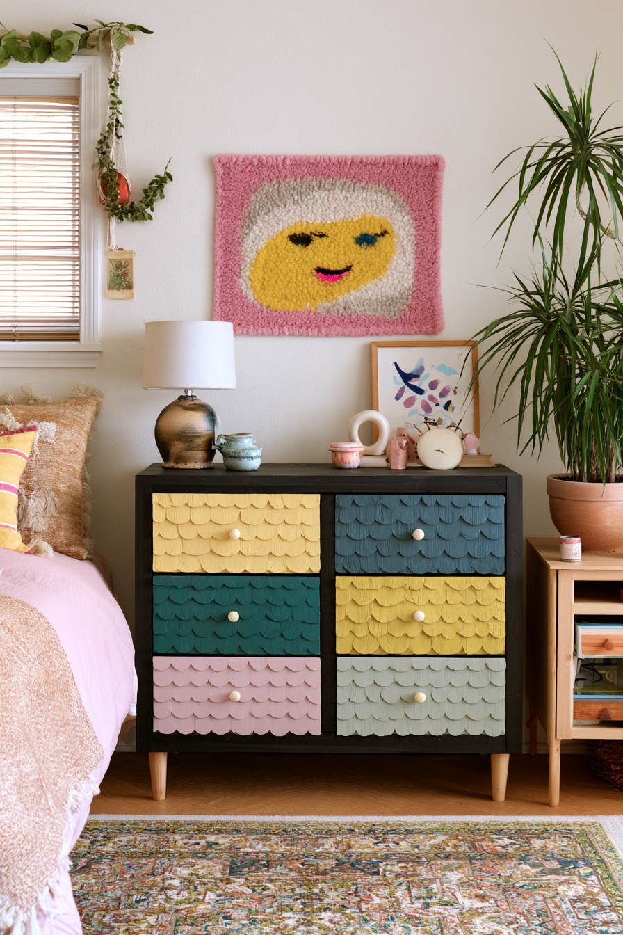 Colorful scalloped drawer front panels