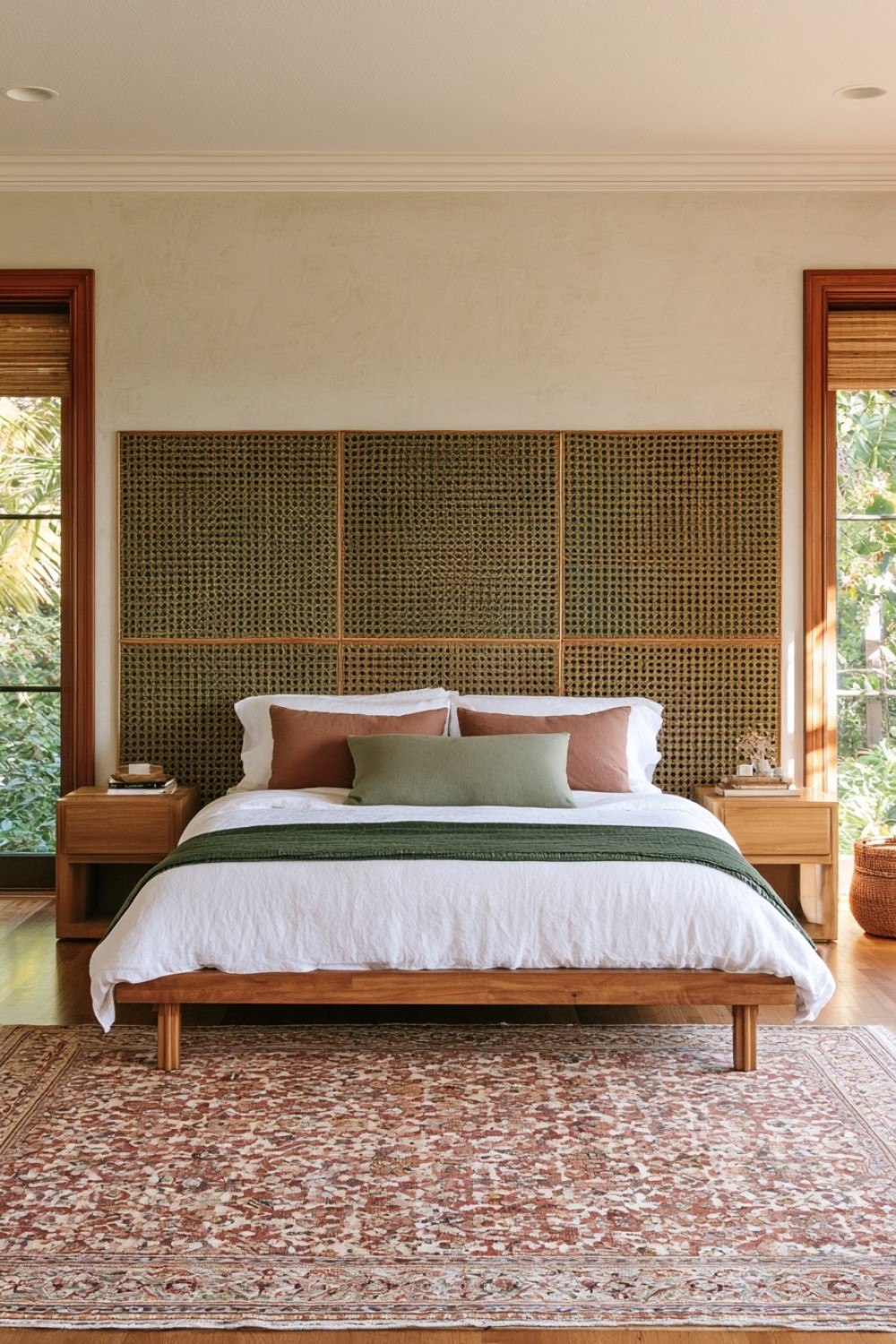 Wide woven headboard creating a textured bohemian bedroom wall