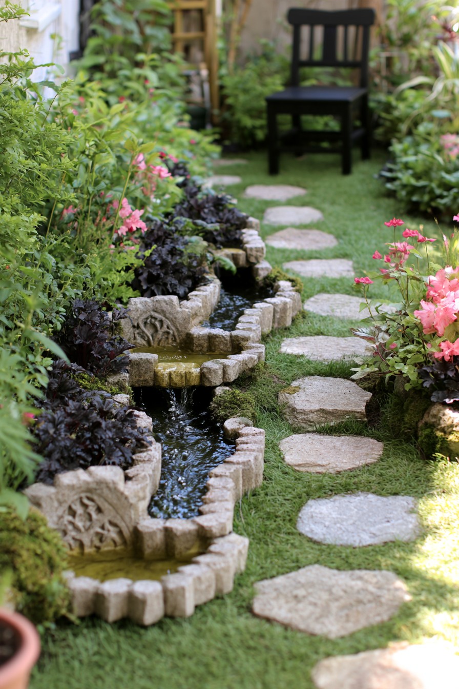 Gothic garden with carved stone cascading water channel