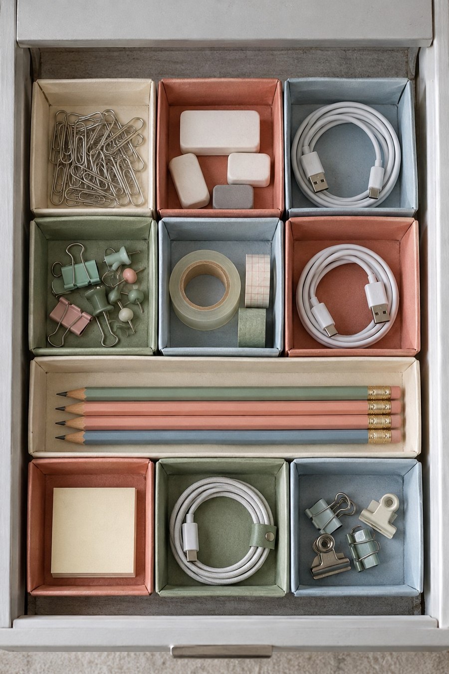 Drawer fitted with small pastel carton compartments for stationery and cables