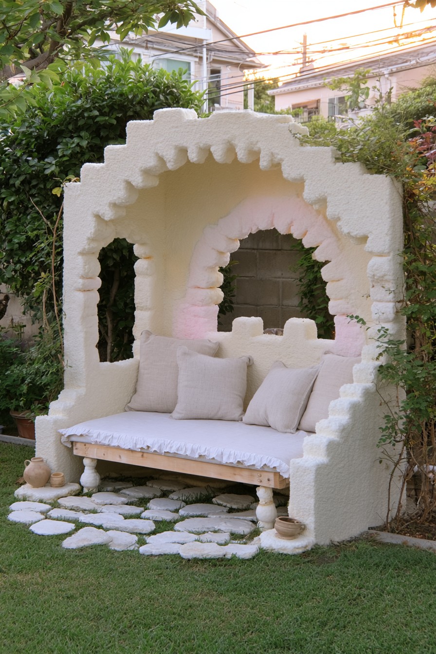 Cream textured arched seating nook with neutral cushions and irregular pale stones