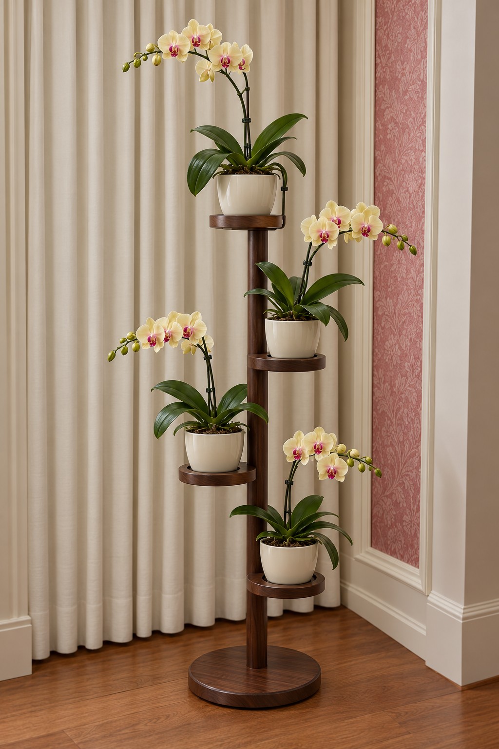 Dark brown tiered plant stand with four ivory pots and pale yellow orchids