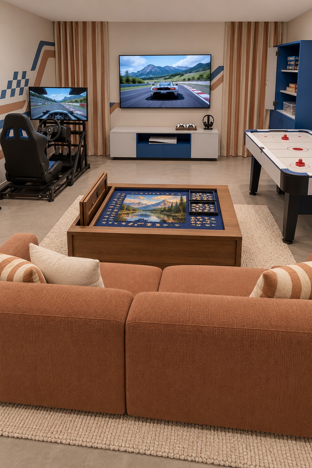 Caramel sofa facing a television with a recessed puzzle coffee table, racing simulator, and air hockey table