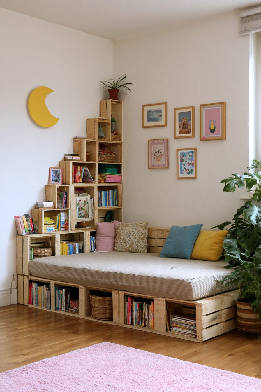 Daybed with wooden crate book storage and graduated side shelving