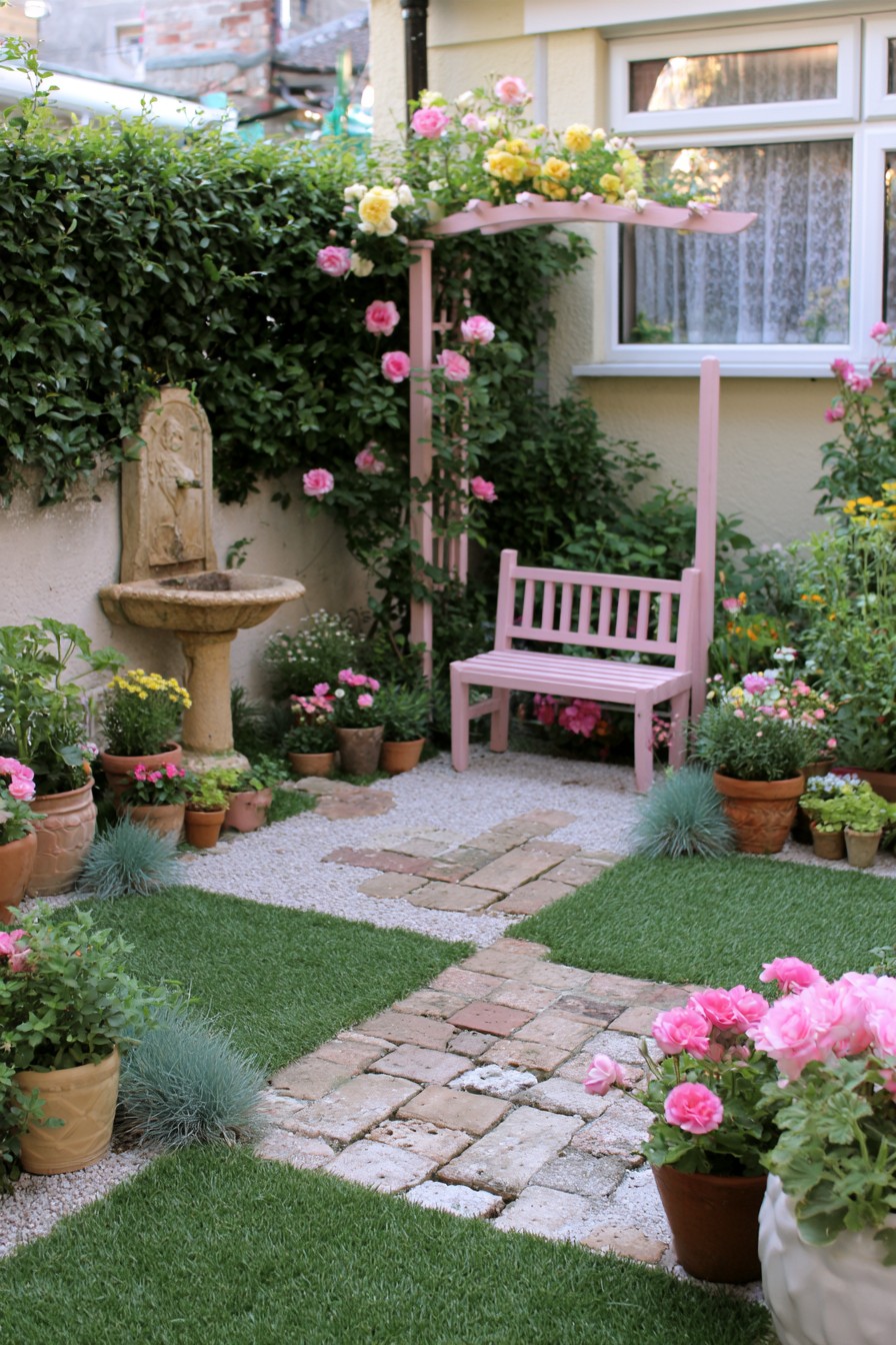 Pink garden seat and open arbor beside a fountain, potted flowers, and mixed paving