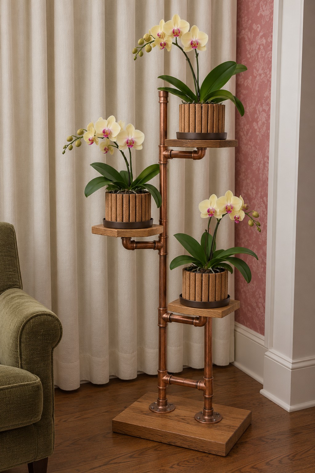 Copper toned pipe plant stand with three round wooden shelves and ribbed pot covers