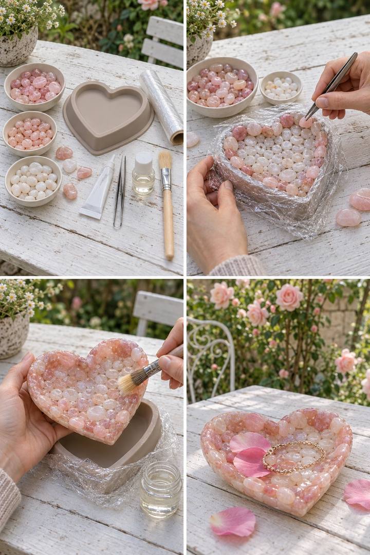 Pink and white tumbled stones shaped in a heart mold and used for a bracelet display