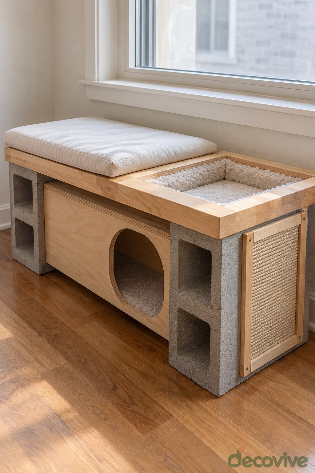 Window seat with concrete block ends a wooden cat entrance and a recessed top tray