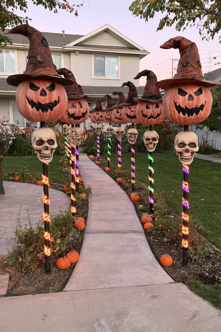Pumpkin faces in brown witch hats above skull decorations on colorfully illuminated garden posts