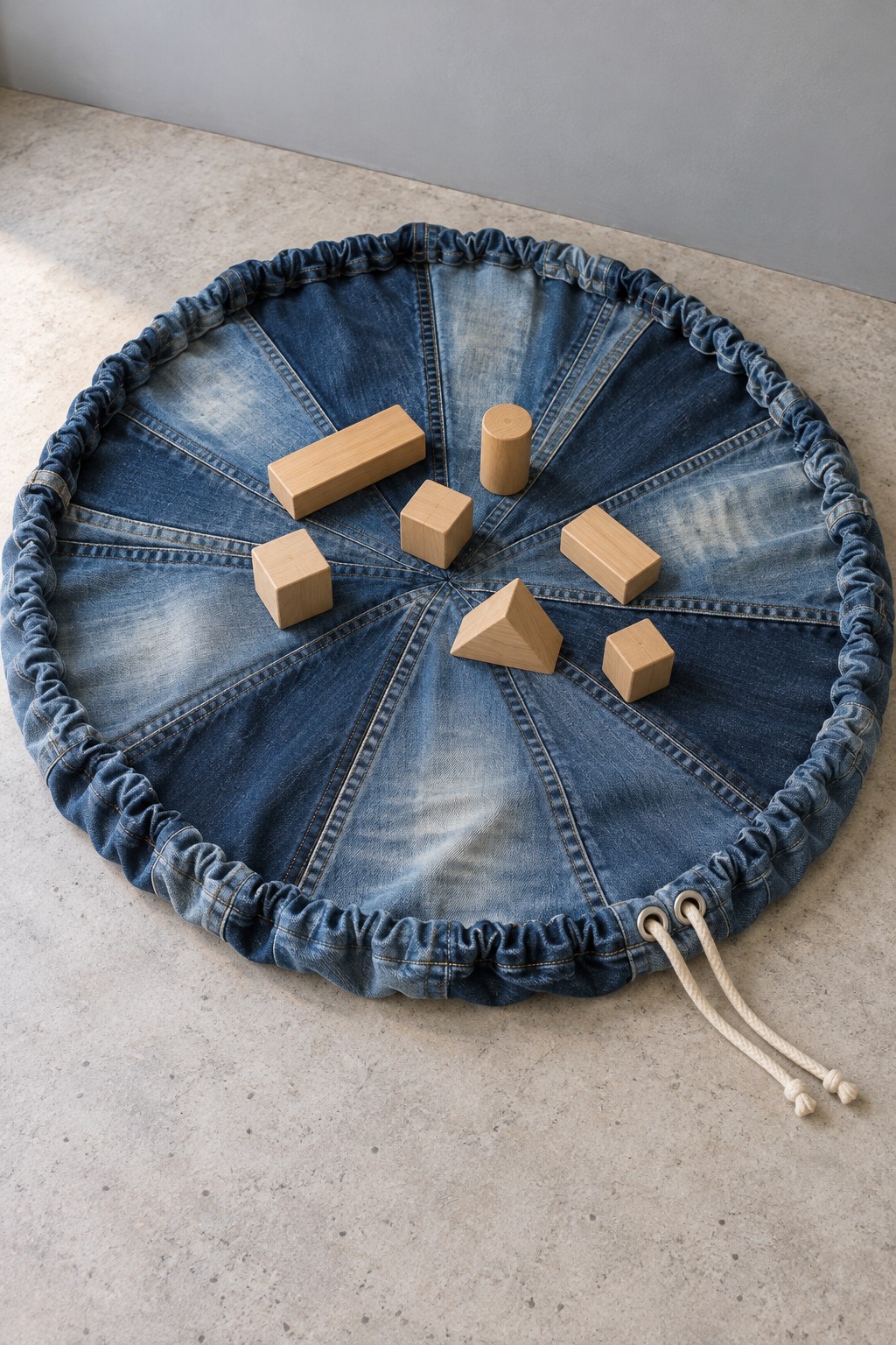 Round denim patchwork play mat with a gathered cord channel and wooden blocks