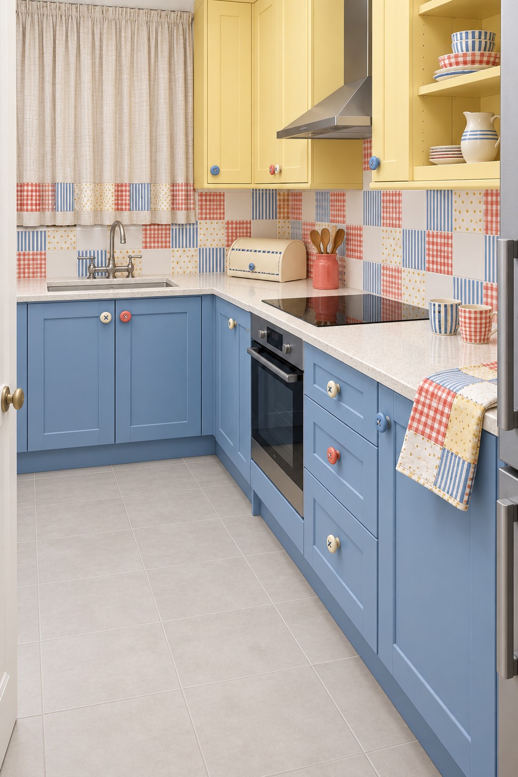 Blue lower cupboards and yellow upper cabinets with a patchwork backsplash of checks, stripes, and small patterns