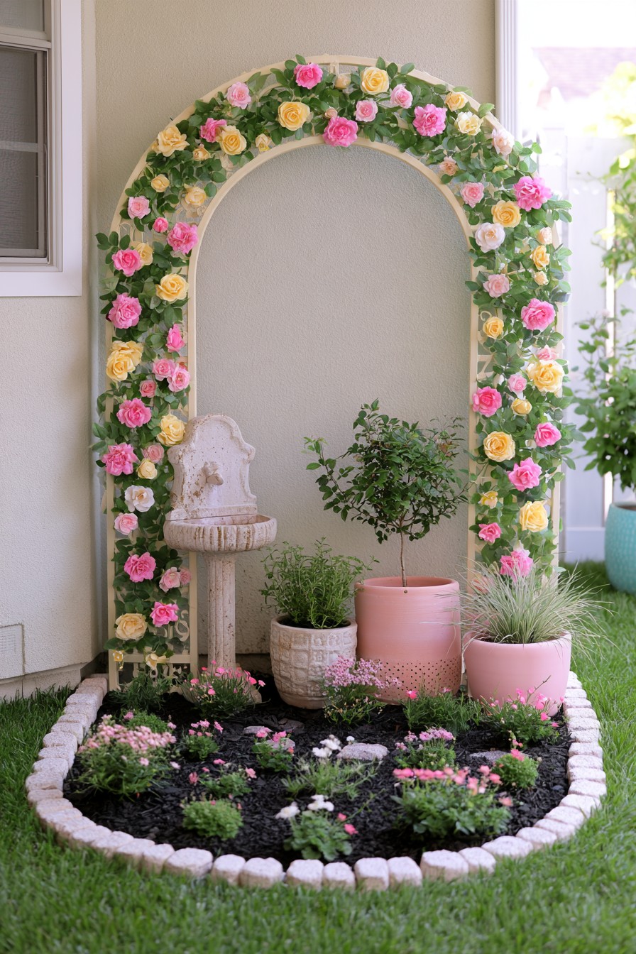 Rose-covered arch framing a pale wall-style fountain and pink plant containers