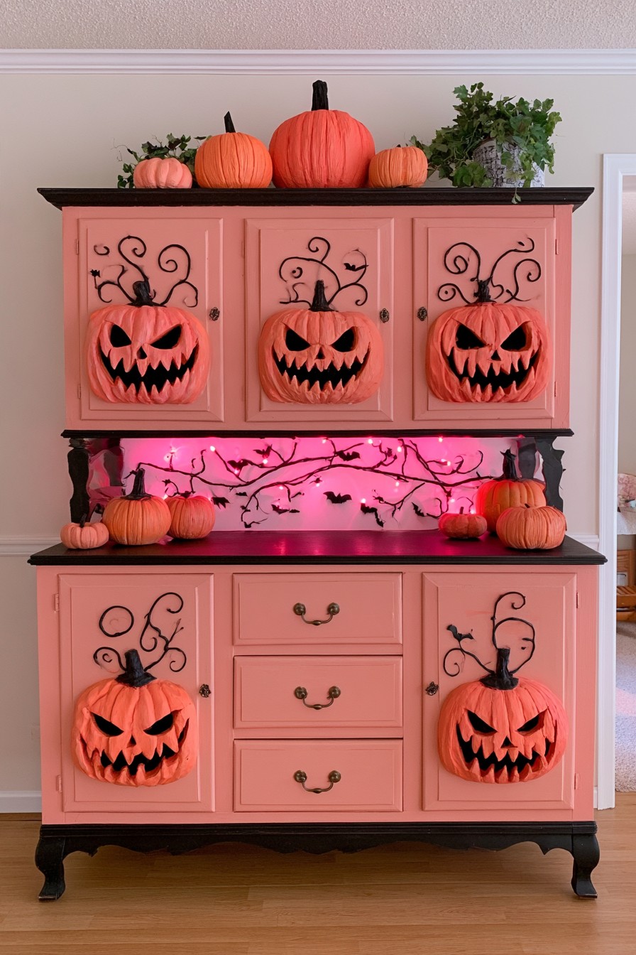 Coral cabinet with five pumpkin face panels and pumpkins arranged on top