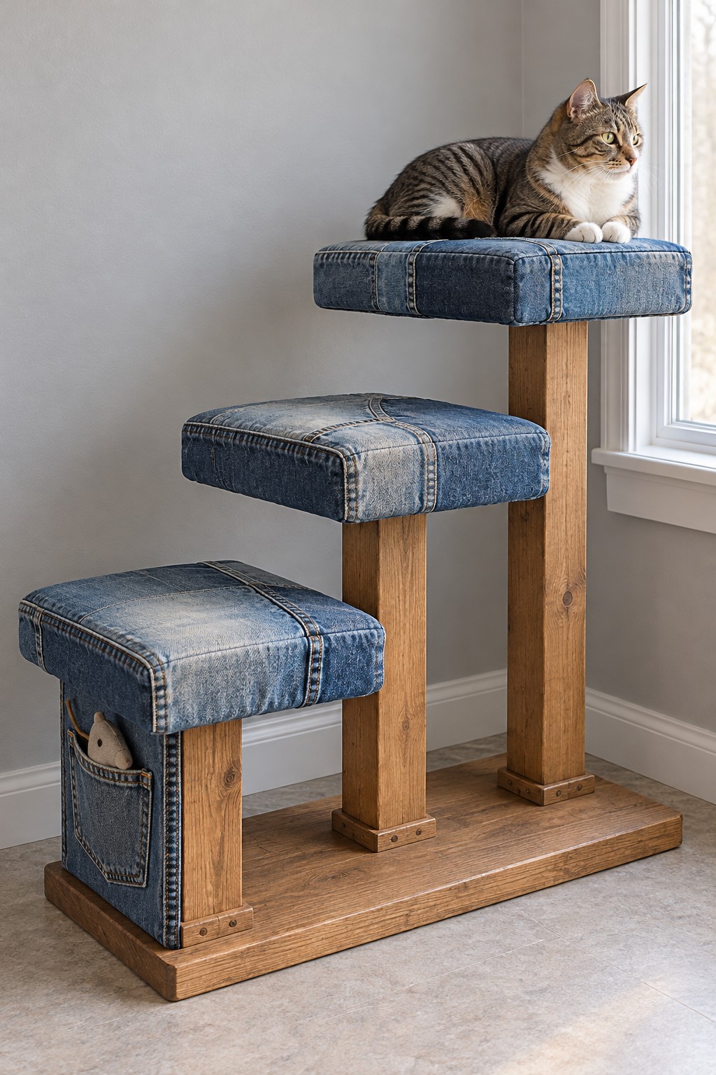 Three wooden cat steps with blue denim padded platforms beside a window
