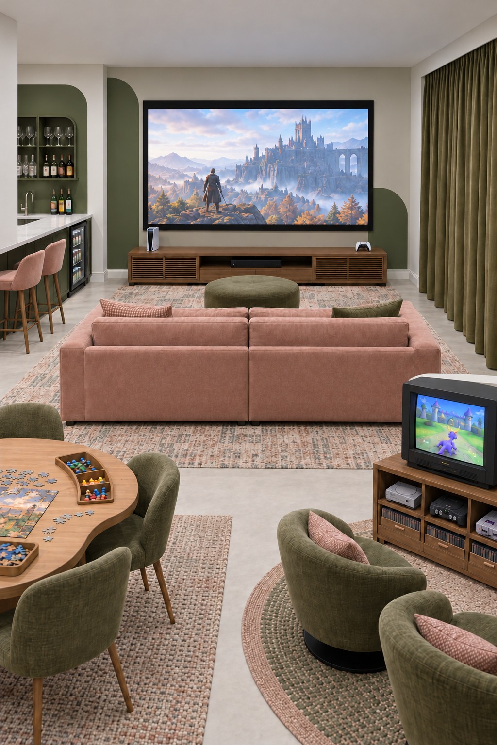 Olive and blush basement with a large screen lounge, puzzle table, and small retro television with console storage