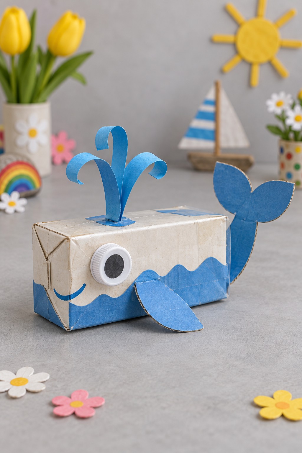 White and blue carton whale with a cardboard tail, side fin, cap eye, and curled paper water spout
