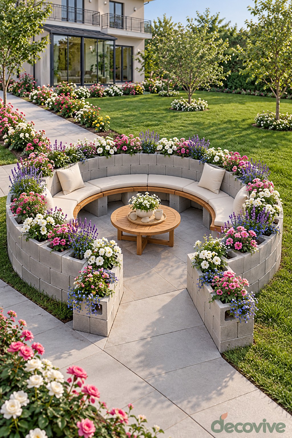 Round sunken style garden seating nook edged with concrete blocks and flowers