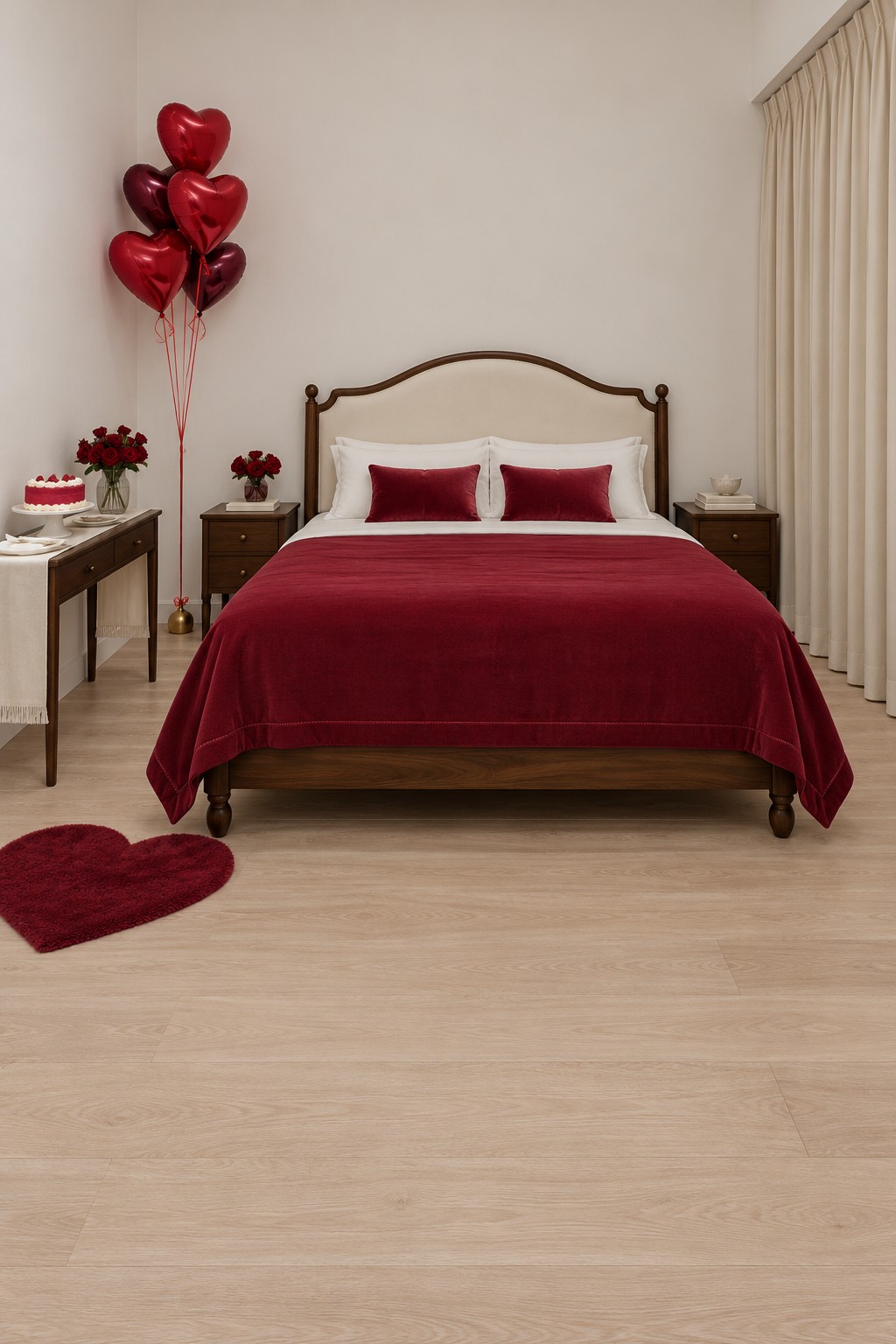 Wooden bed with a red coverlet, neutral curtains, a side table with cake, and heart balloons