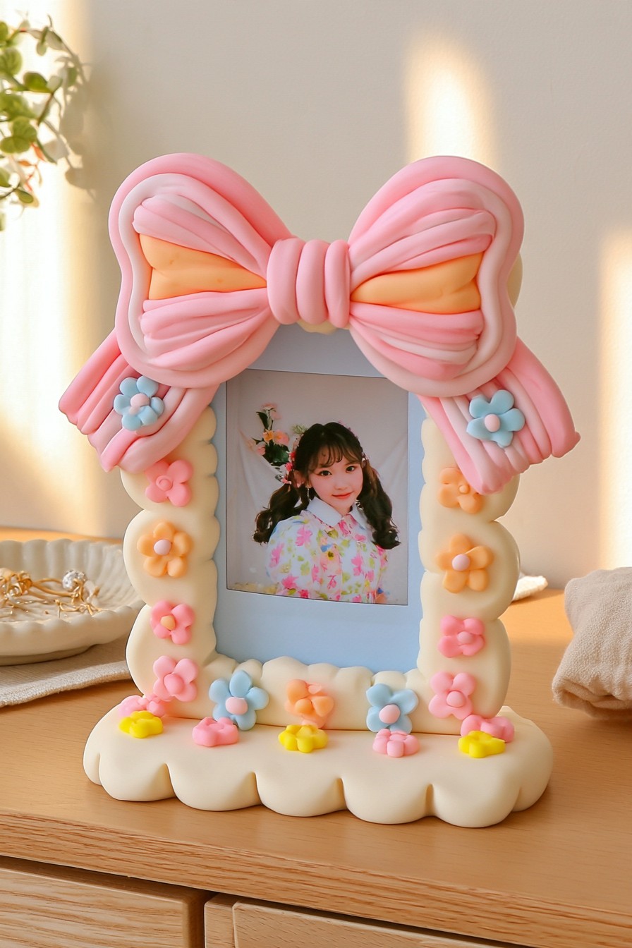 Cream photo frame with a large ridged pink bow, sculpted flowers, and a scalloped base