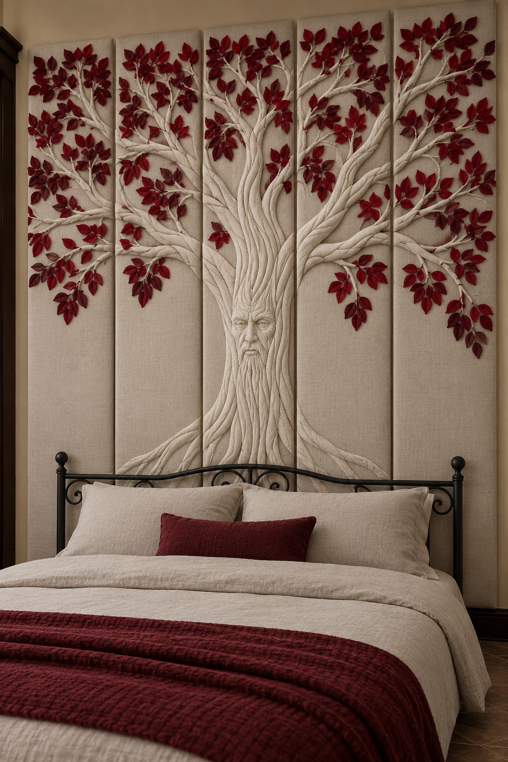Tall cream panels behind a black iron bed, decorated with a white tree trunk, a carved face, and burgundy leaves