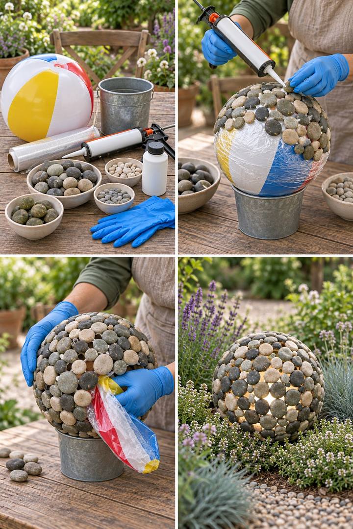 Four panels showing a beach ball mold, a bonded pebble sphere, and an illuminated garden display