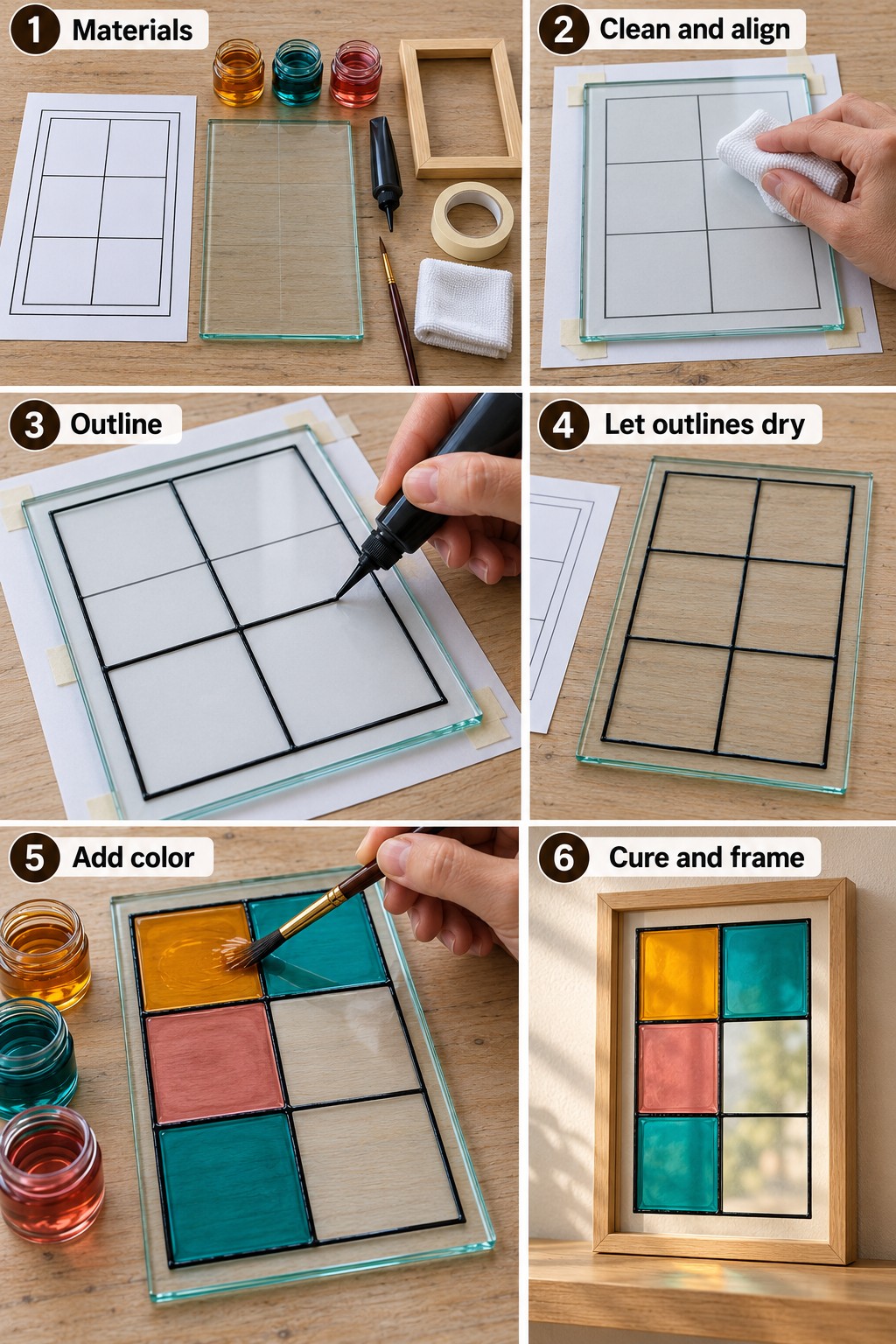 Six stages of painting one glass panel with a consistent six section geometric pattern, from materials and outlines to transparent color and framing