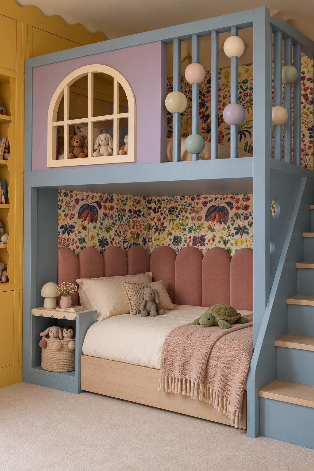Powder blue raised bed frame with lavender window panel, pastel spheres, side stairs, and rose upholstered lower headboard