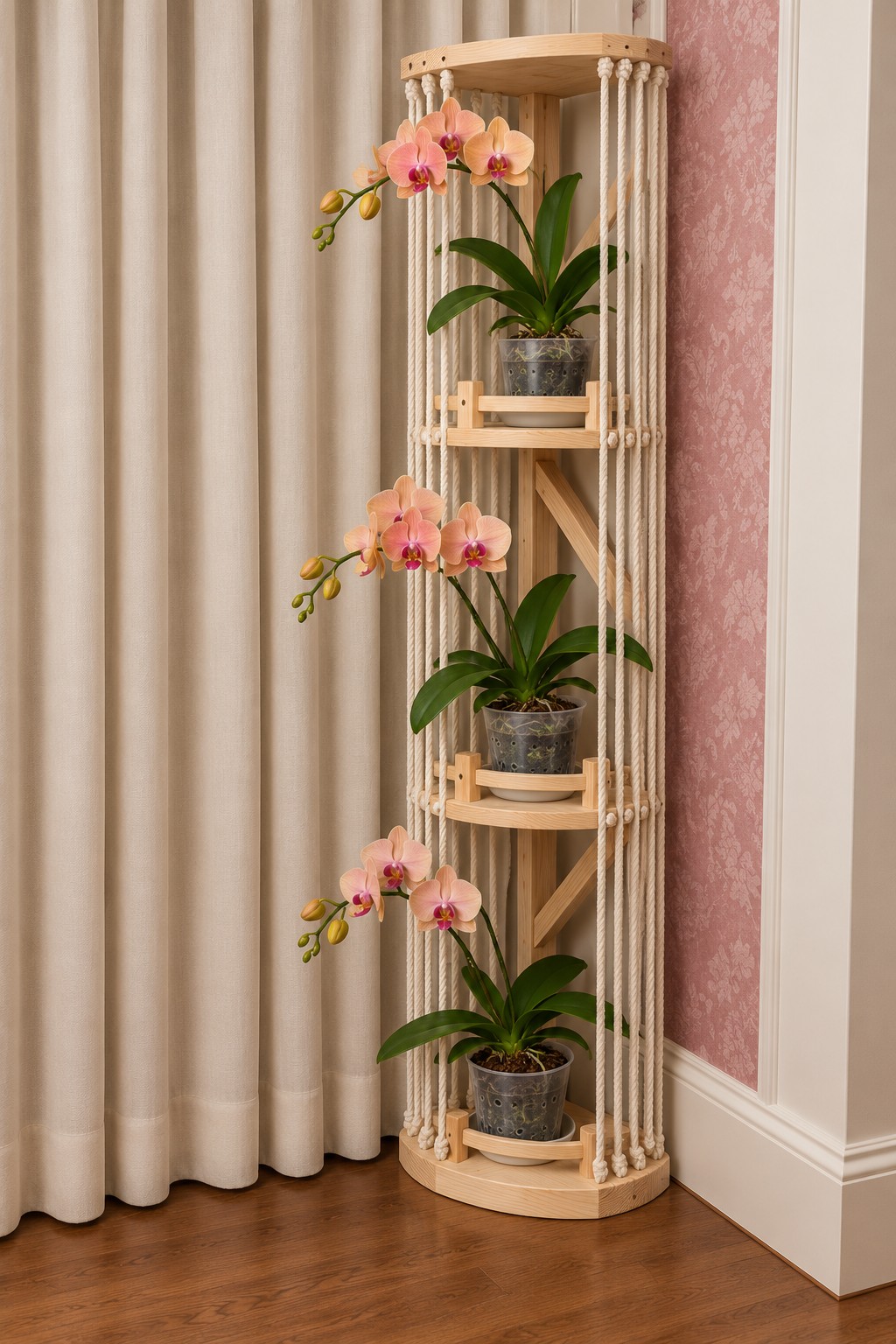 Pale wood cylindrical shelf tower with vertical cords and three peach orchids