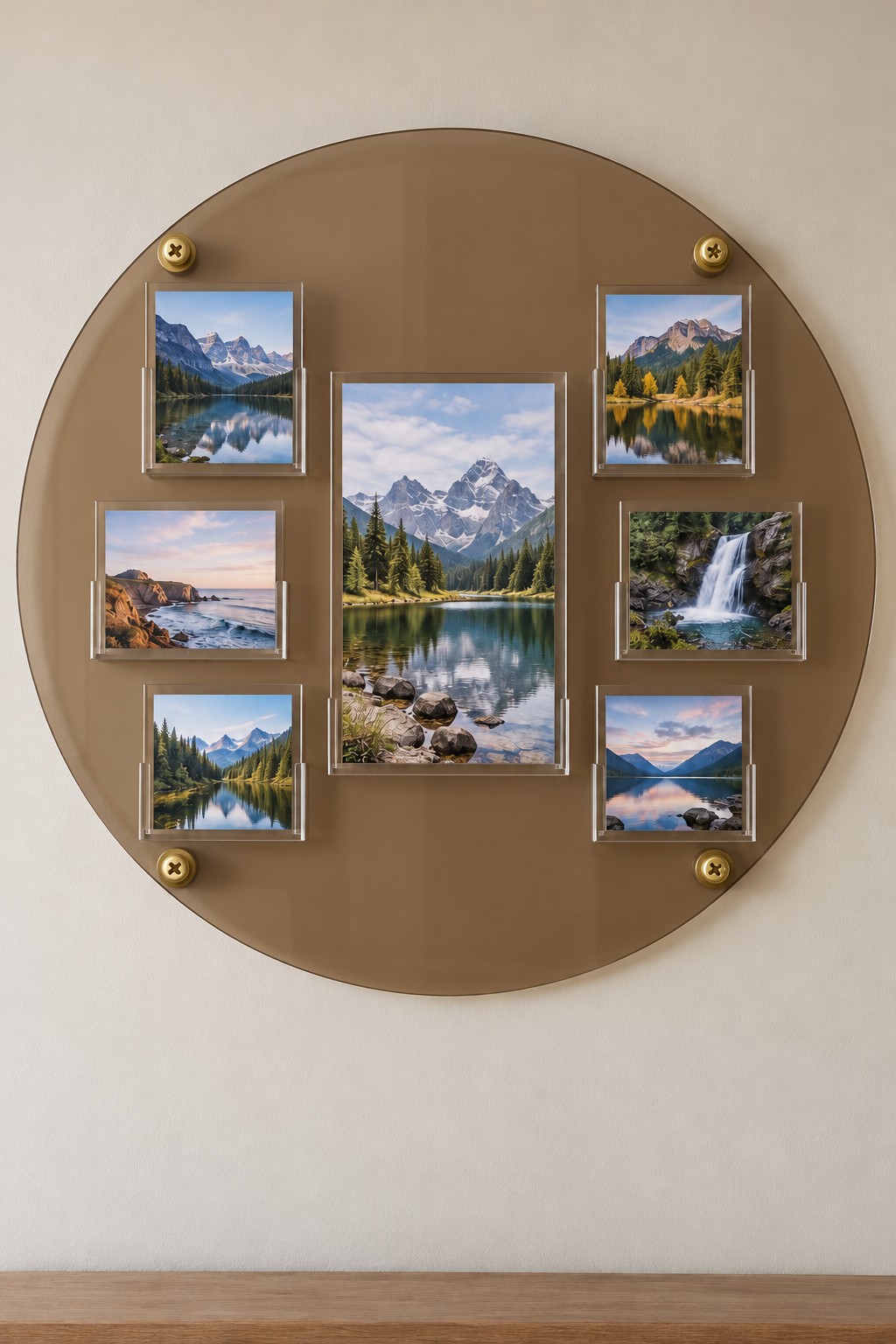 Round smoked acrylic wall gallery with one central photograph and six smaller side photographs