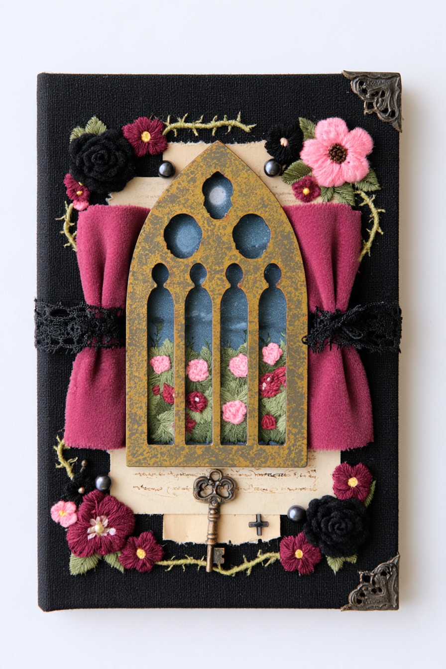 Black fabric sketchbook with a pointed gold toned Gothic window, burgundy curtain panels, and embroidered roses