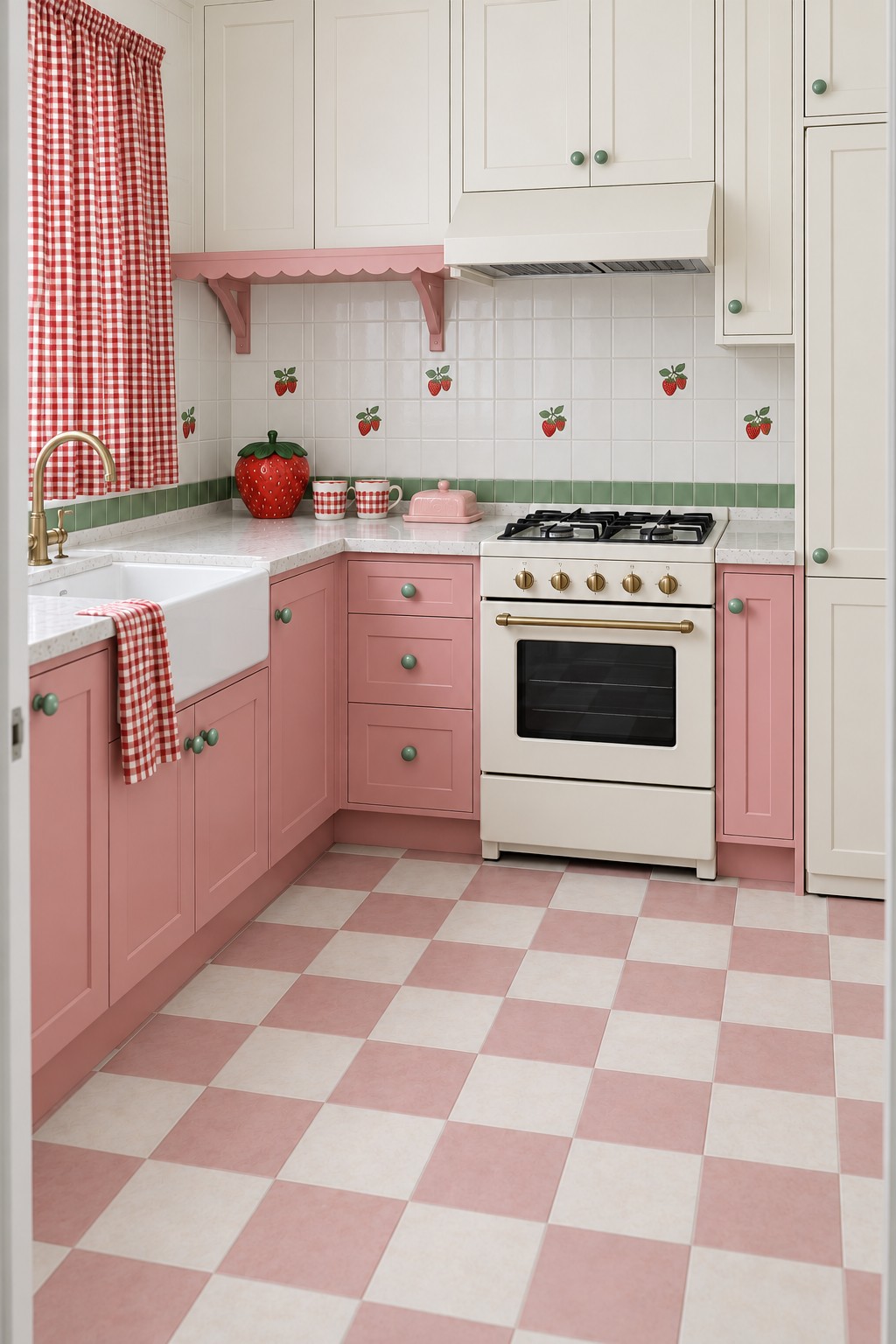 Pink and white kitchen with strawberry accent tiles, red gingham curtains, and a pink checkerboard floor