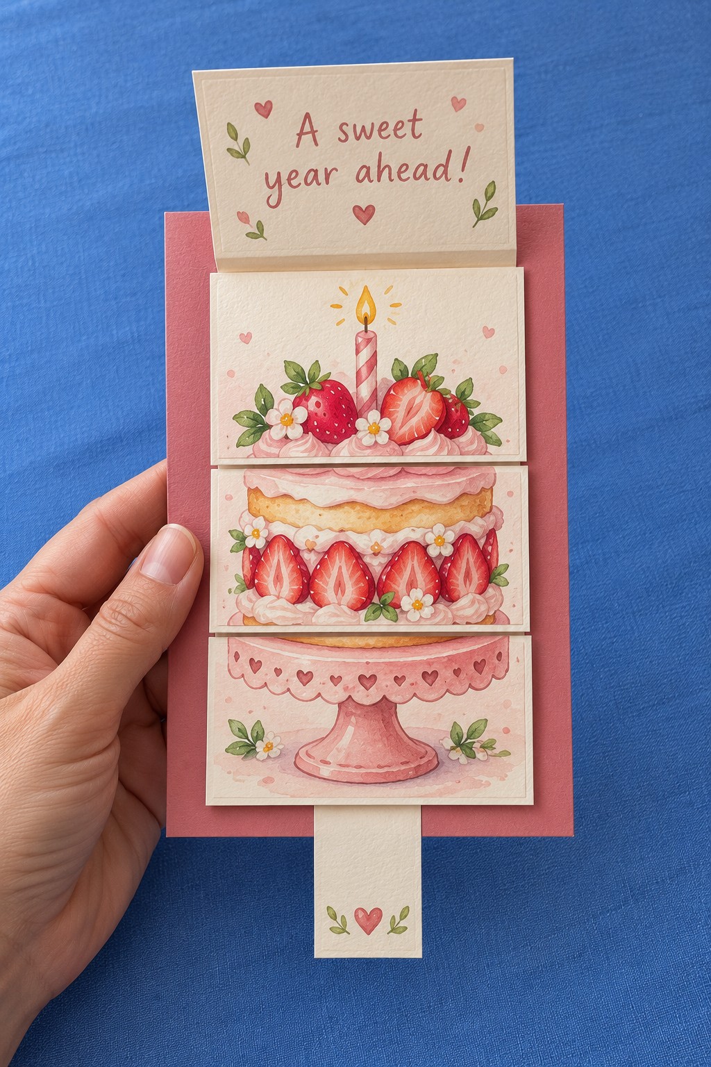 Pink birthday card with stacked strawberry cake panels and a cream pull tab below