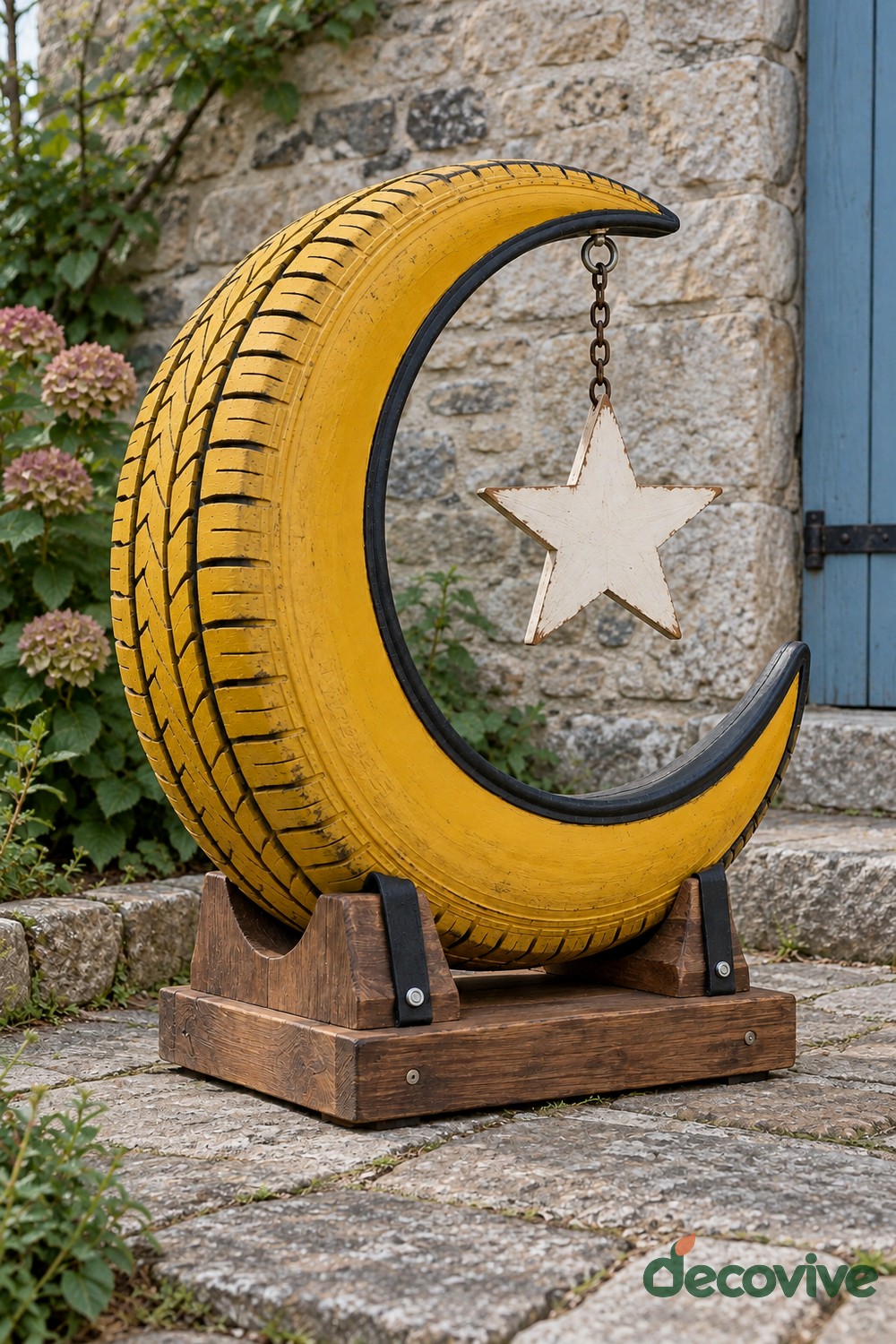 Yellow crescent shaped tire sculpture held in a wooden cradle with a cream wooden star suspended from a short chain