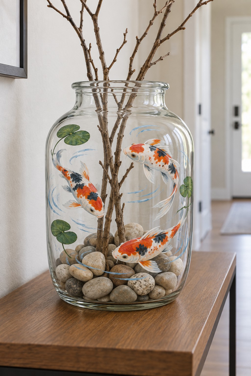 Clear rounded jar painted with orange black and white koi and green leaves around branches and pebbles