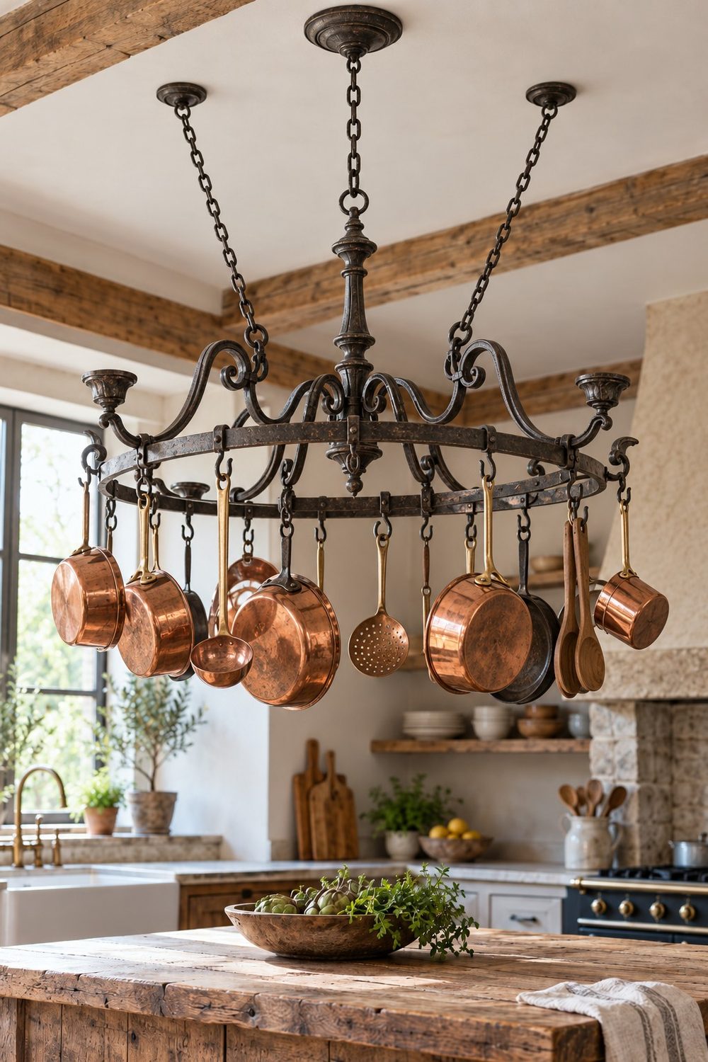 Wrought iron chandelier converted into a hanging pot rack with copper pans above a rustic kitchen island