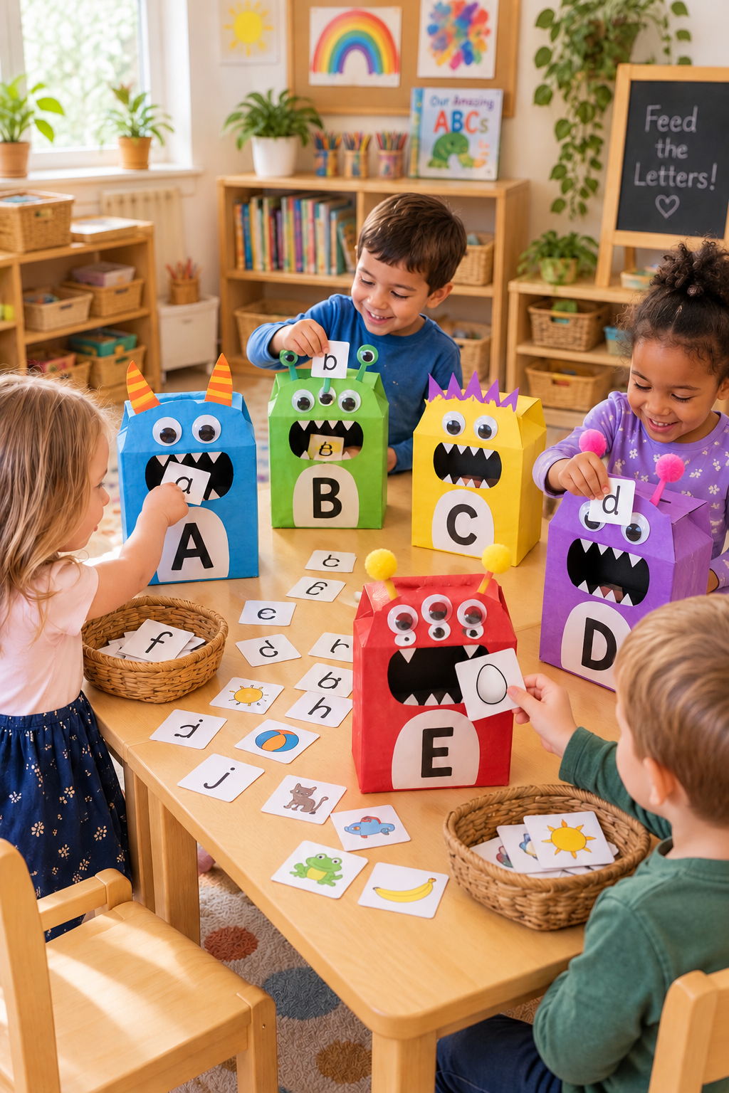 Letter monster boxes with lowercase matching cards and an egg picture at E