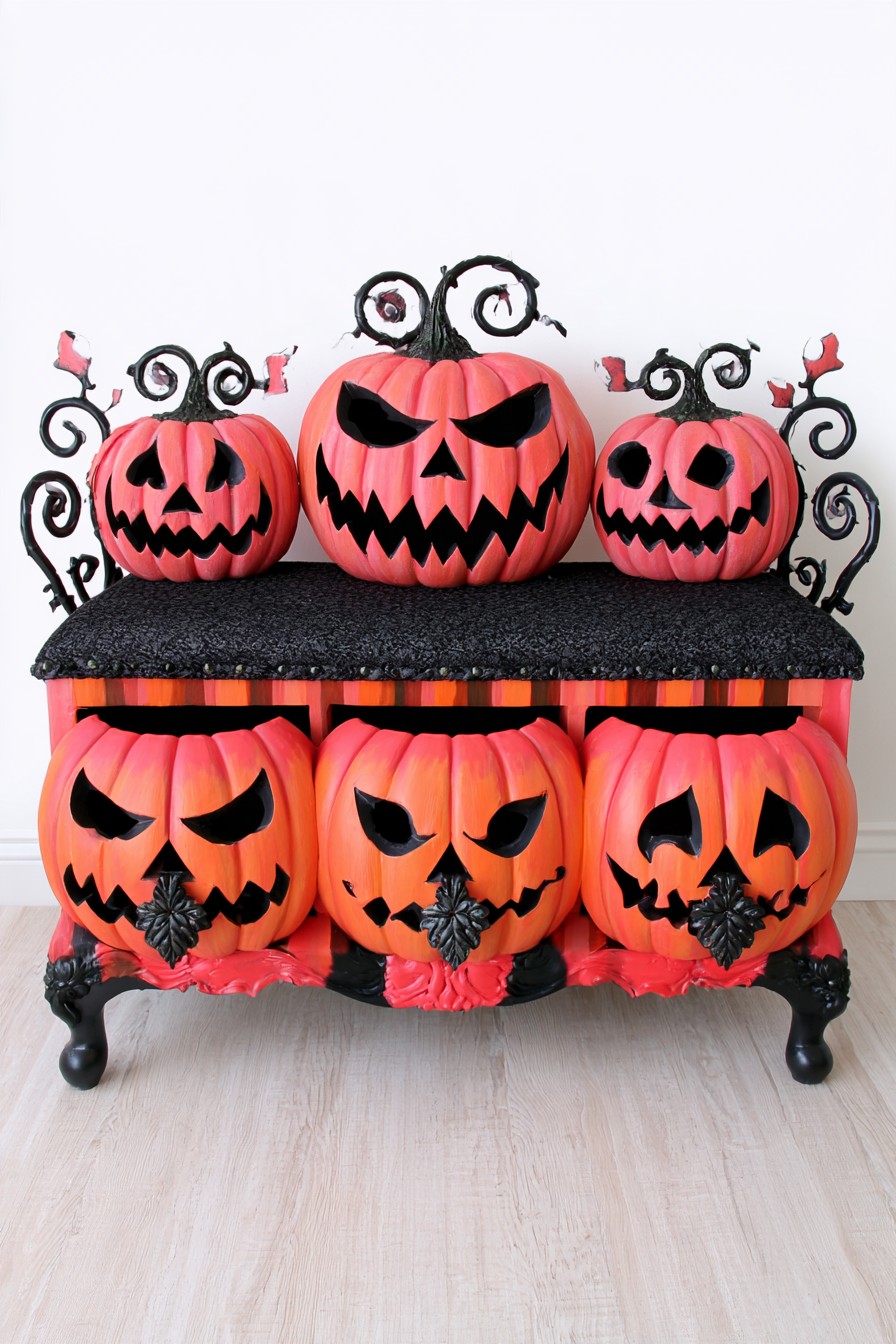 Orange pumpkin-faced bench with a black seat and three pumpkins along the back