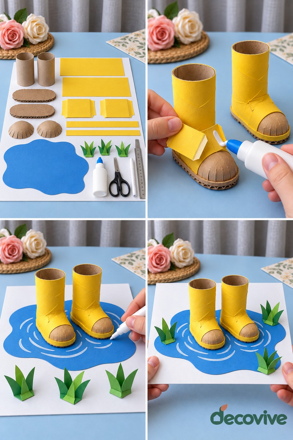 Making sequence for a cardboard rain boots in a paper puddle