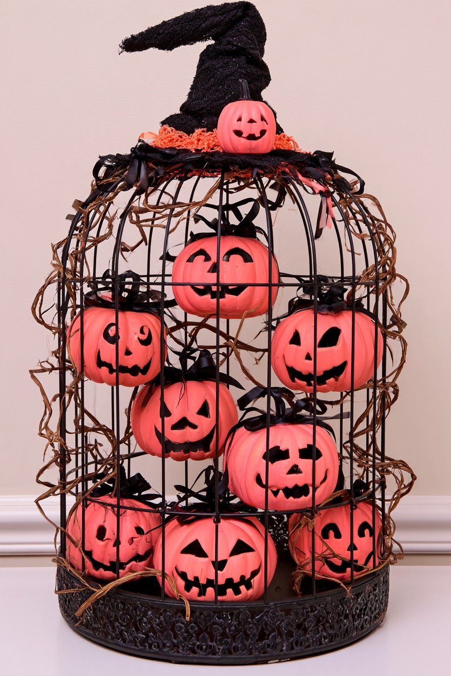Black birdcage containing coral pumpkins with bows beneath a witch hat