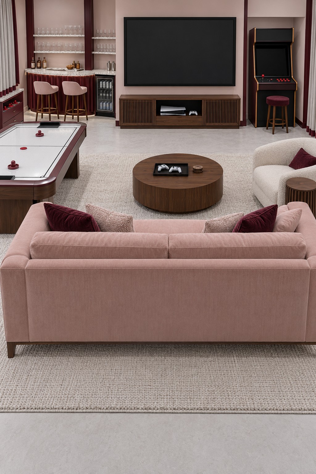 Blush basement lounge with a large screen, round wooden coffee table, air hockey table, arcade cabinet, and burgundy bar