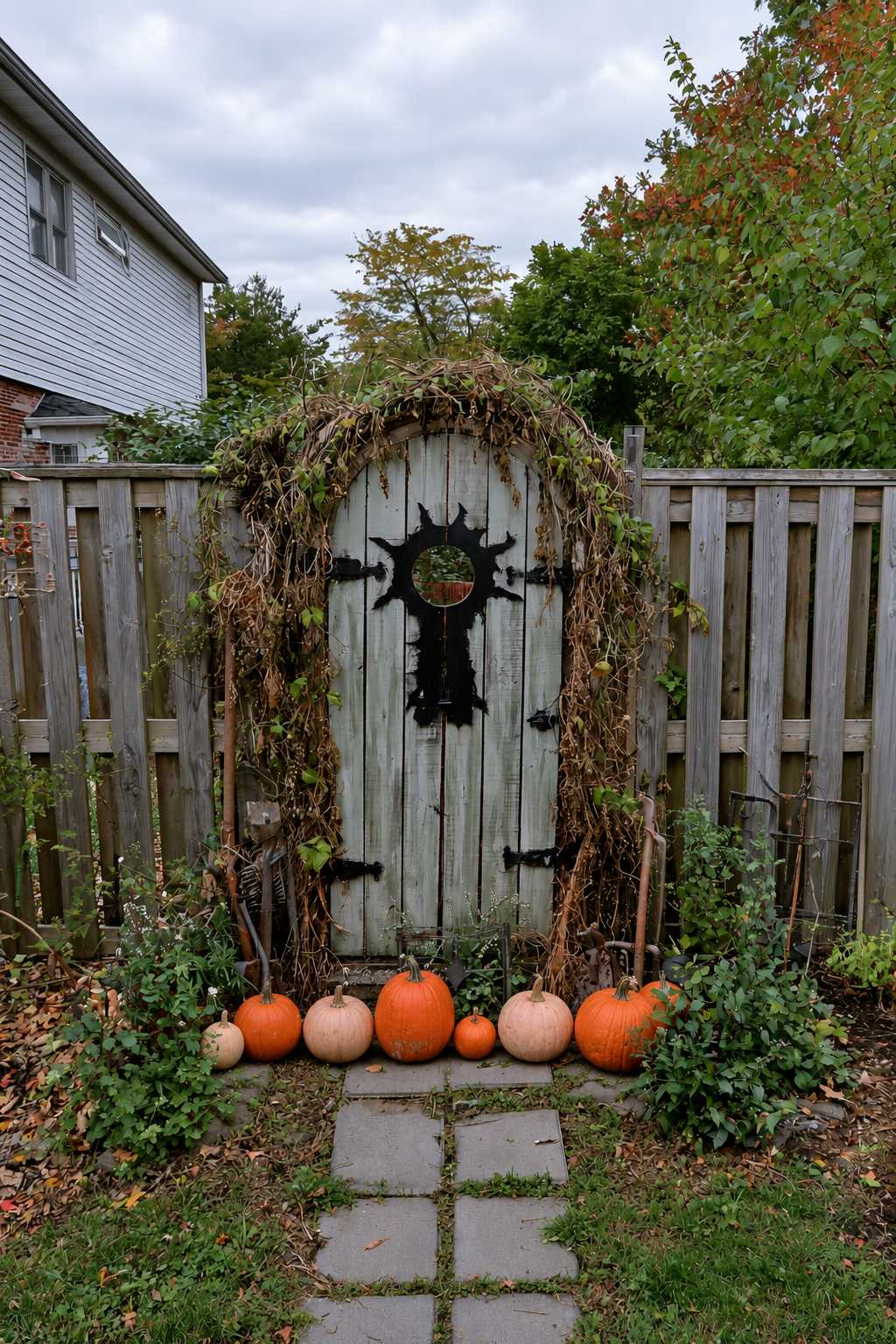 Arched wooden garden gate framed by tangled vines with a black ornament and pumpkins across its base