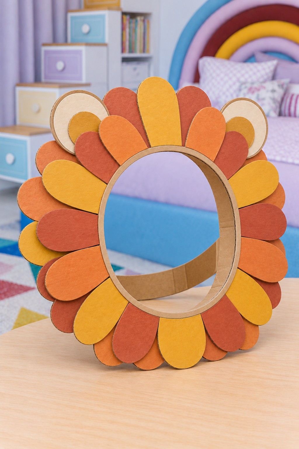 Cardboard lion mane headpiece with layered gold, orange and terracotta shapes around an open face ring